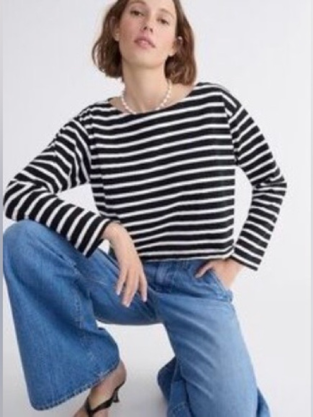 J. Crew Black & White Striped Boatneck Long-Sleeve Tee